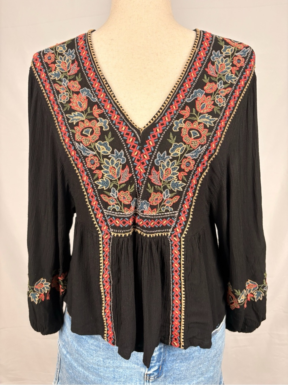 Black Embroidered V-Neck Peasant Blouse XS